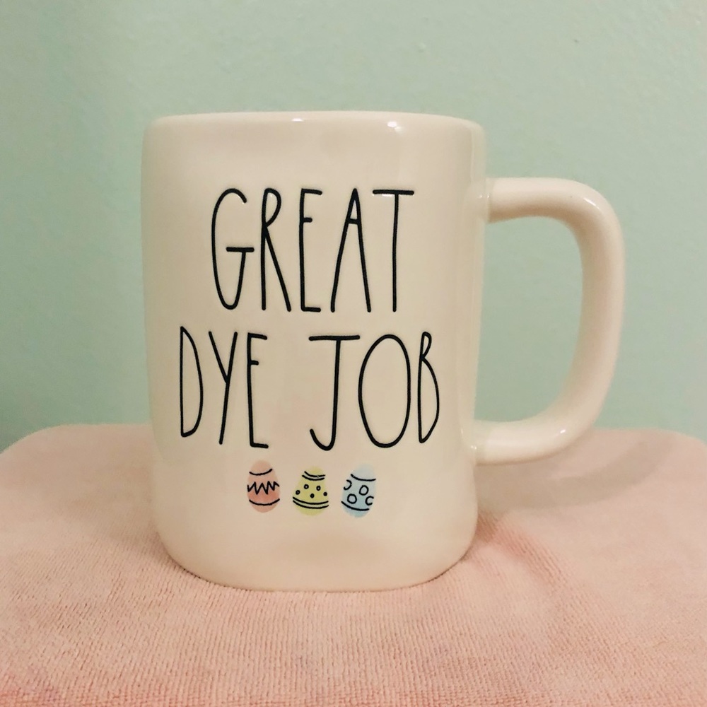 Rae Dunn GREAT DYE JOB Mug. White mug with colored egg design. NEW!